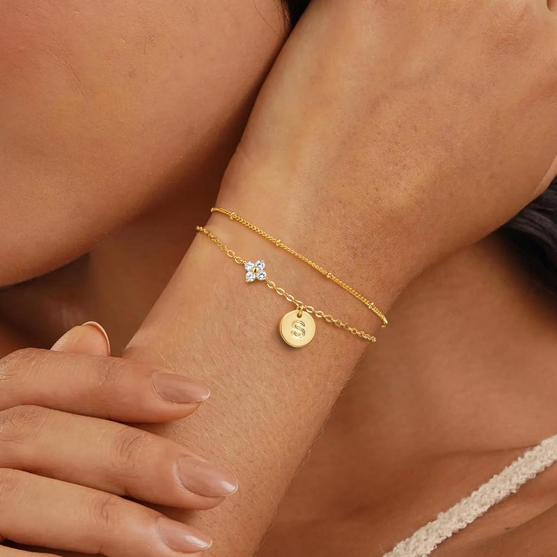 M MOOHAM Valentines Gifts for Teen Girls Women - Dainty Four Leaf Clover Bracelet for Women Trendy Personalized Initial Bracelet for Teen Girls Jewelry Valentines Gifts - Image 3